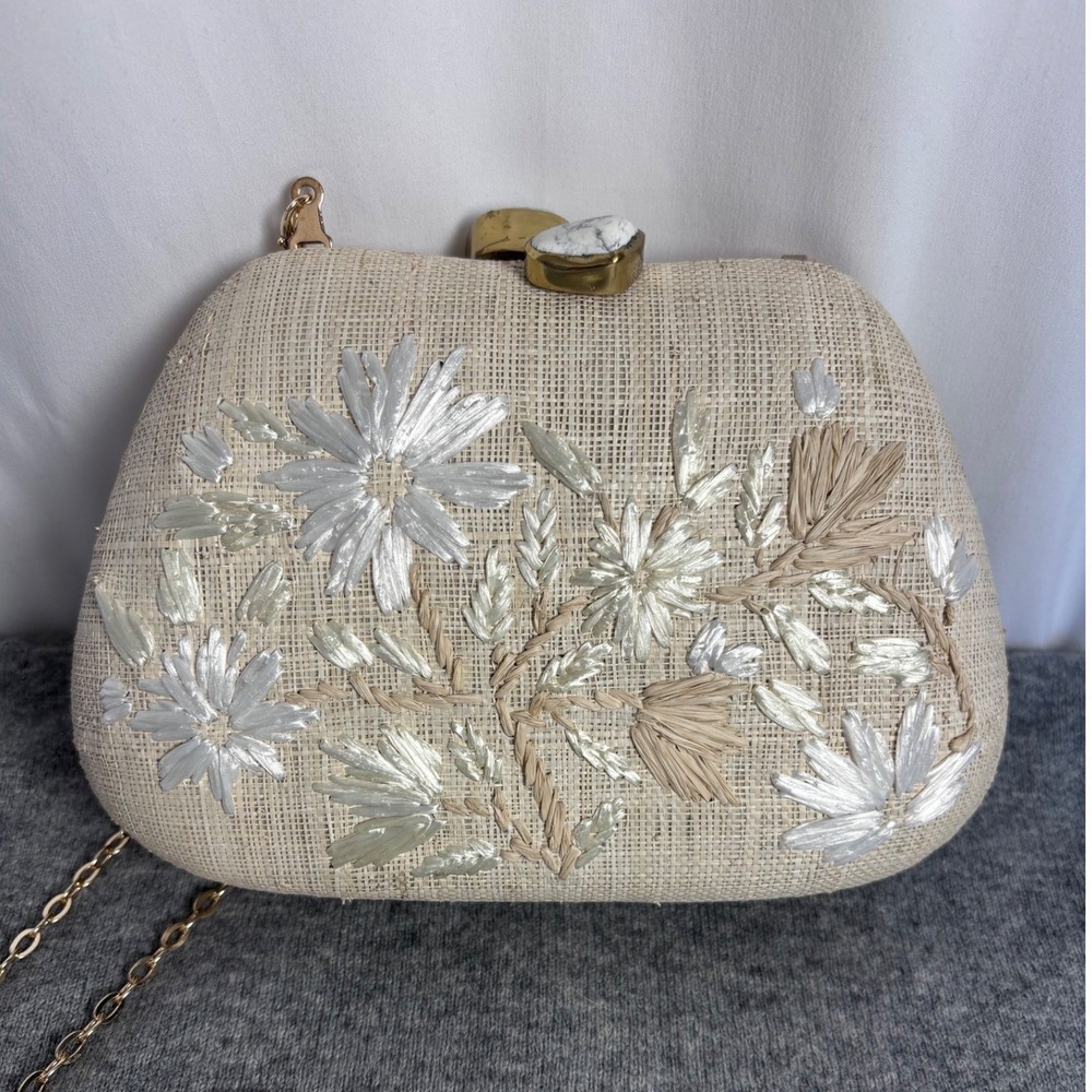 Rafe New York Natural Straw Floral Embroidered Clutch Crossbody Bag Stone Clasp